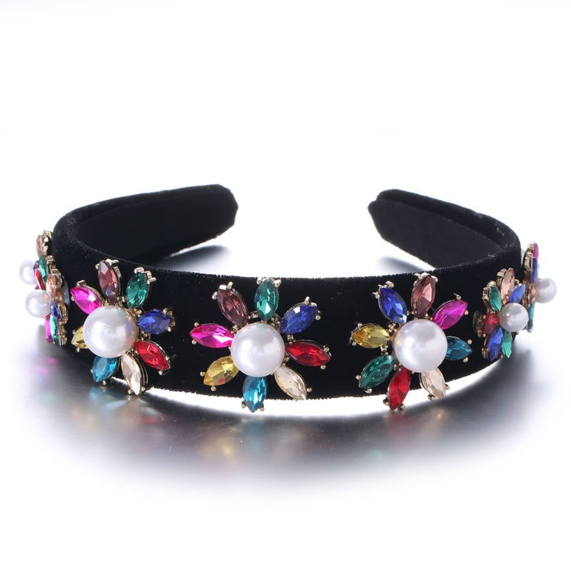 Baroque Large Pearl Flower Set with Colorful Diamonds Fashion Hair Hoop - V.I.P Digital Presence