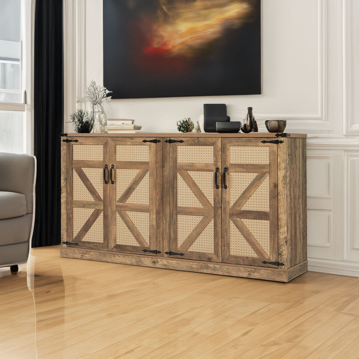 65-Inch Rustic Oak Color Faux Rattan Sideboard, Barn Door Rustic Style Sideboard, Living Room, Entryway, Bedroom - V.I.P Digital Presence