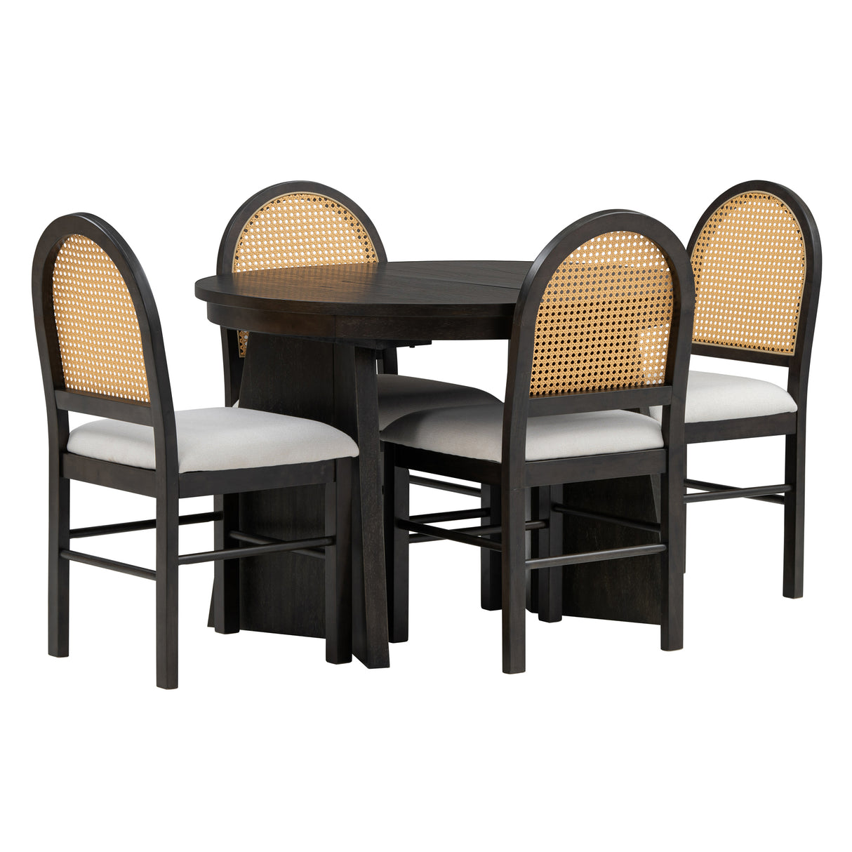 TREXM 5-piece retro functional cutlery set with 1 expandable dining table and 4 cushioned chairs with rattan backrests (espresso - V.I.P Digital Presence