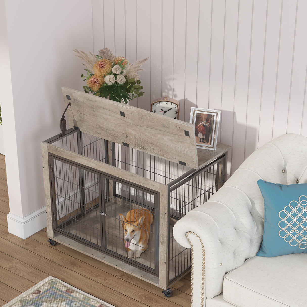 Furniture Style Dog Crate Side Table on Wheels with Double Doors and Lift Top.Grey,38.58''w x 25.5''d x 27.36''h - V.I.P Digital Presence