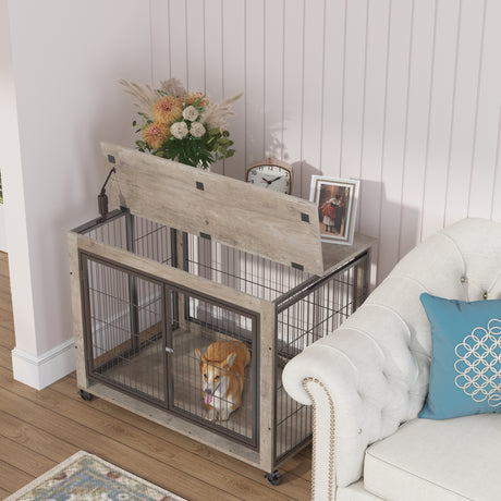 Furniture Style Dog Crate Side Table on Wheels with Double Doors and Lift Top.Grey,38.58''w x 25.5''d x 27.36''h - V.I.P Digital Presence