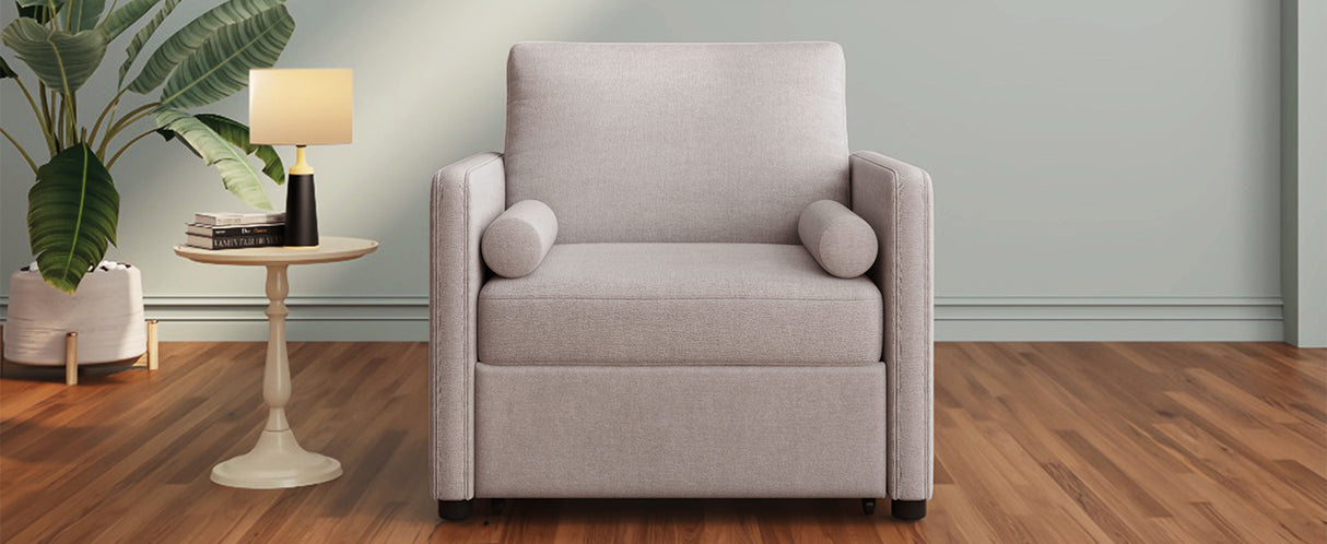 3 in 1 Convertible Sleeper Chair with Adjustable Backrest, Lounger Chair Turns Into Bed, Single Bed for Living Room, Linen, Tan - V.I.P Digital Presence