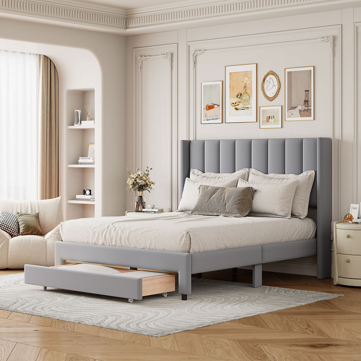 Full Size Storage Bed Velvet Upholstered Platform Bed with a Big Drawer - Gray - V.I.P Digital Presence