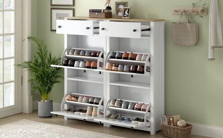 ONTREND ultra-thin shoe cabinet set with 4 flip drawers and adjustable panel top shoe rack, white - V.I.P Digital Presence