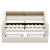 Twin Size Daybed with Storage Drawers, Upholstered Daybed with Charging Station and LED Lights, Beige - V.I.P Digital Presence