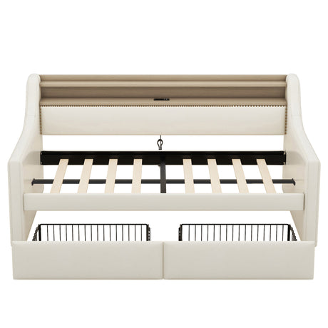 Twin Size Daybed with Storage Drawers, Upholstered Daybed with Charging Station and LED Lights, Beige - V.I.P Digital Presence