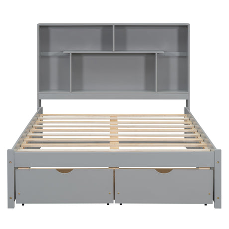 Full Size Platform Bed with Storage Headboard and 2 Drawers, Gray - V.I.P Digital Presence