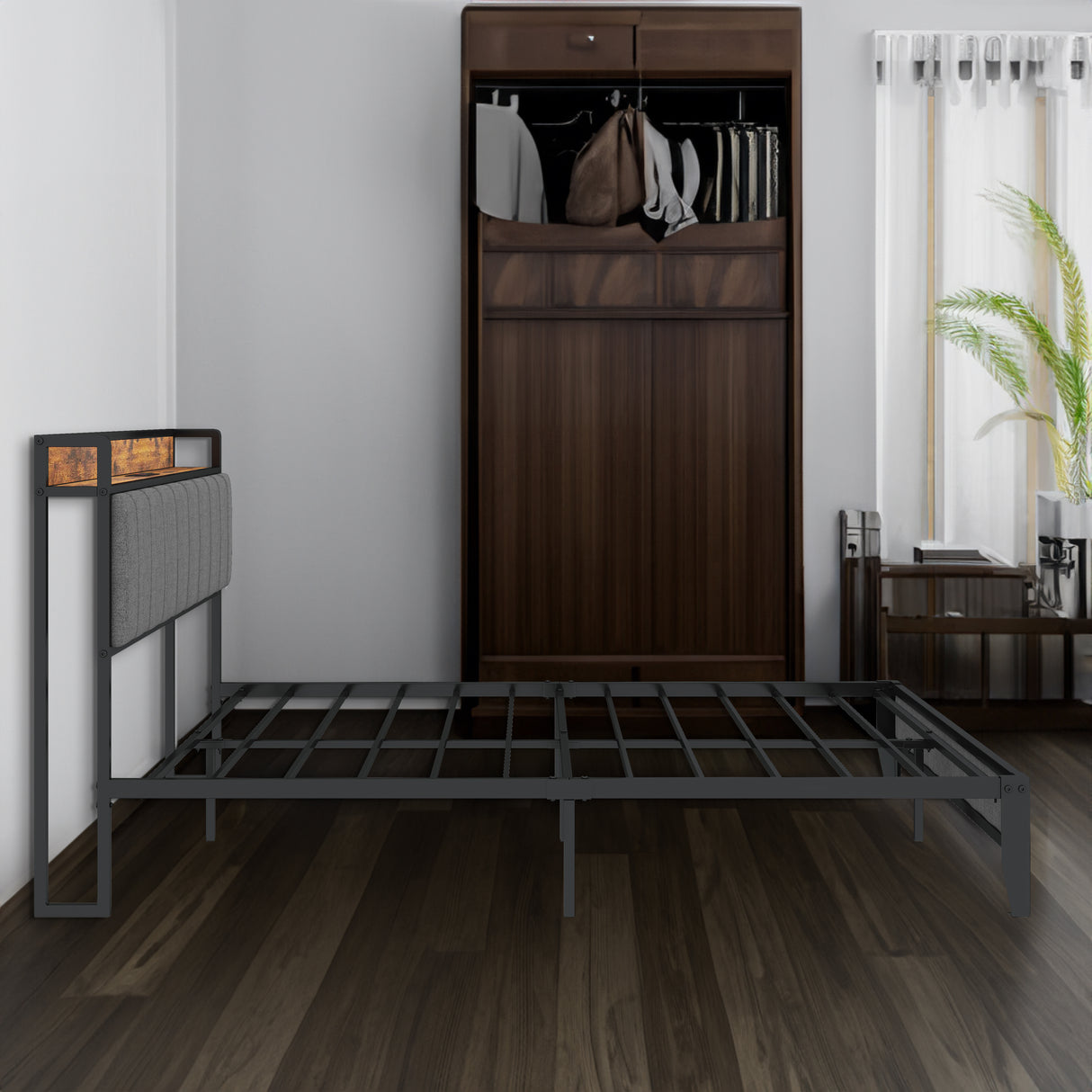 Full Size Bed Frame with Charging Station, Upholstered Headboard, Metal Platform, Grey - V.I.P Digital Presence