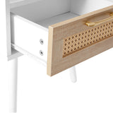 15.75" Rattan End table with drawer and solid wood legs Modern nightstand side table for living room  white - V.I.P Digital Presence