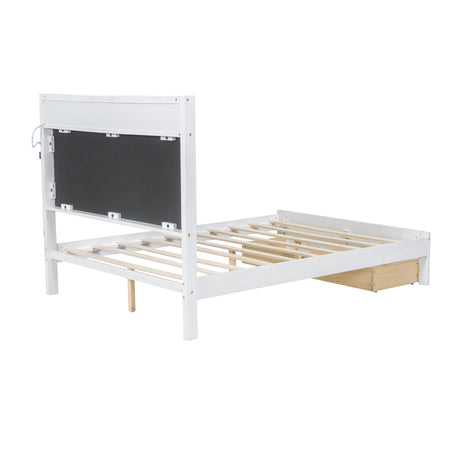 Wood Full Size Platform Bed with Upholstered Headboard and LED and 2 Drawers, Antique White - V.I.P Digital Presence