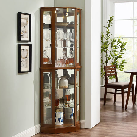 6 shelves corner Curio display cabinet with light mirror and adjustable shelves, walnut wood (excluding E26 light bulbs) - V.I.P Digital Presence