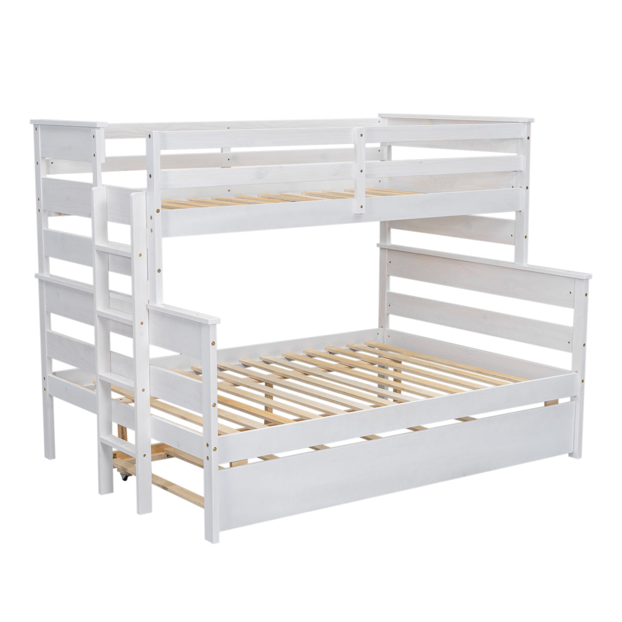 Wood Twin over Full Bunk Bed with Twin Size Trundle  White