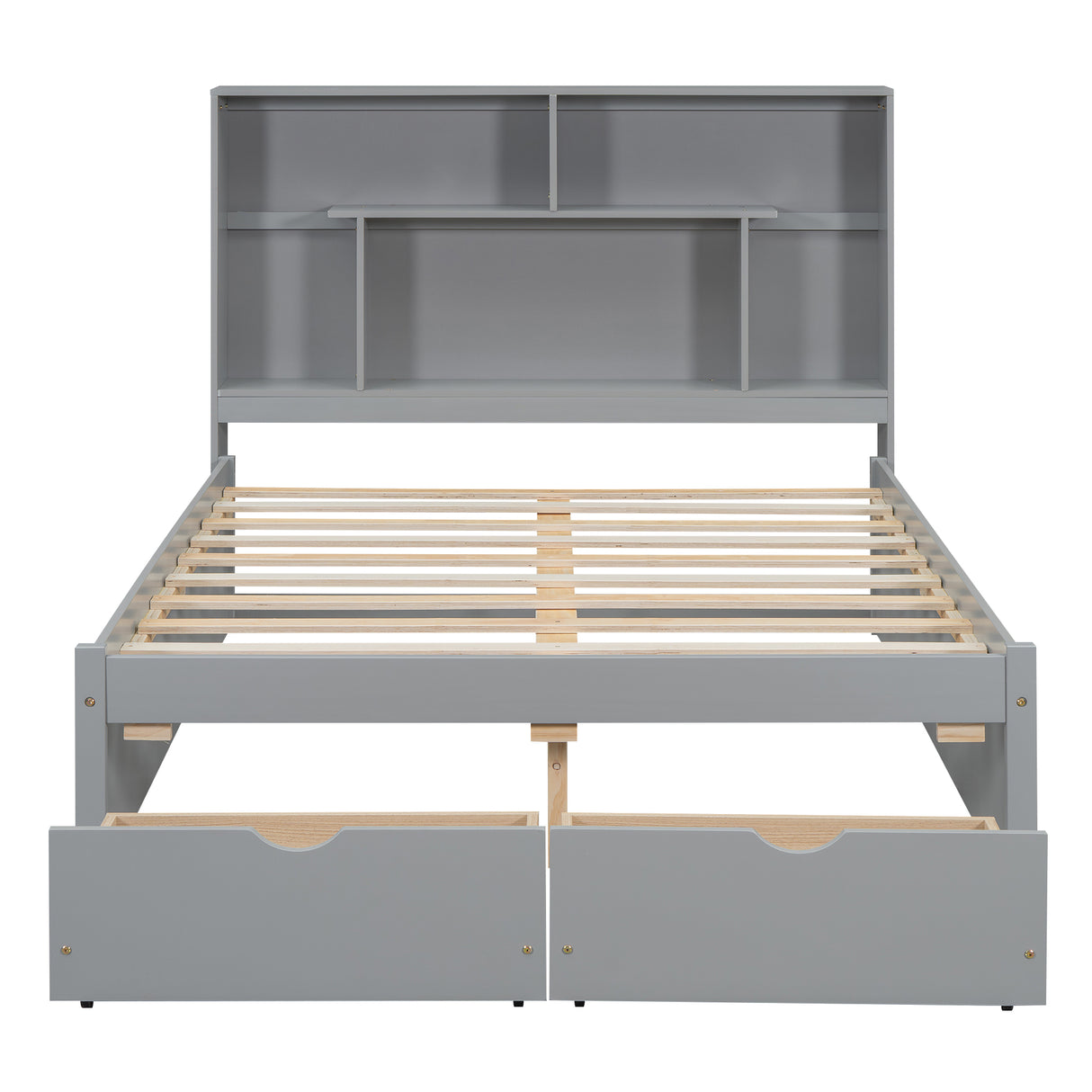 Full Size Platform Bed with Storage Headboard and 2 Drawers, Gray - V.I.P Digital Presence