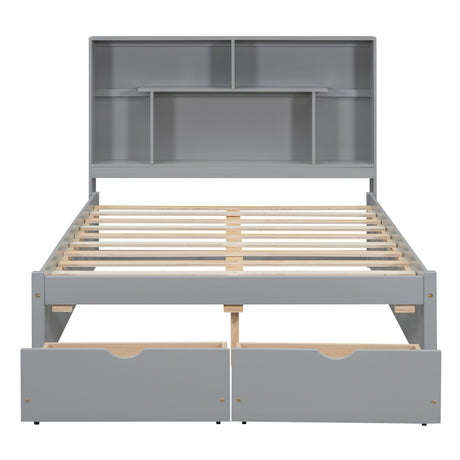 Full Size Platform Bed with Storage Headboard and 2 Drawers, Gray - V.I.P Digital Presence