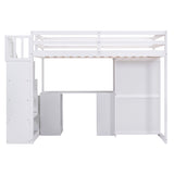 Twin Size Loft Bed with Wardrobe and Staircase, Desk and Storage Drawers and Cabinet in 1  White