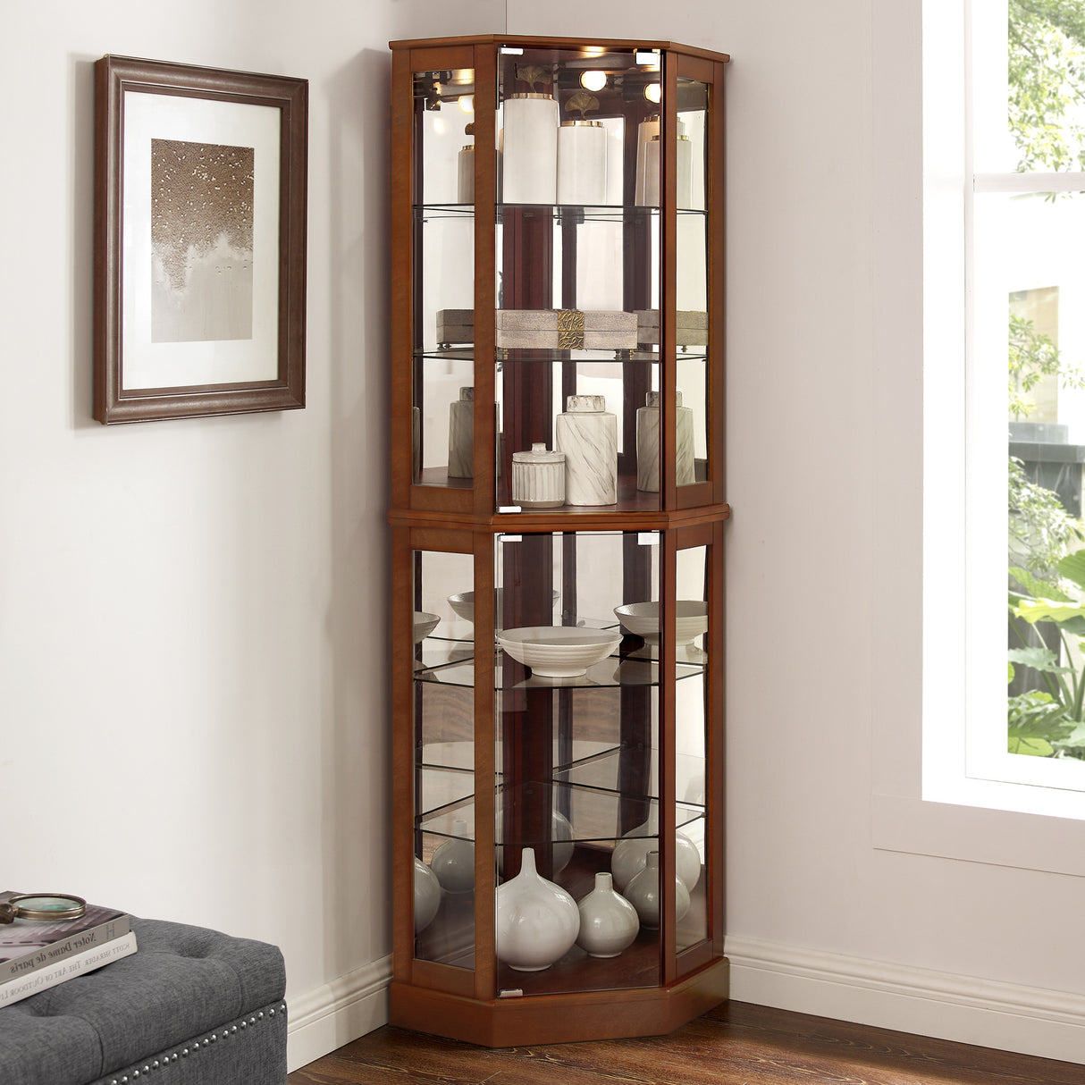 6 shelves corner Curio display cabinet with light mirror and adjustable shelves, walnut wood (excluding E26 light bulbs) - V.I.P Digital Presence