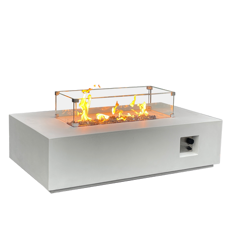 52 Inch Outdoor Concrete Propane gas rectangle Fire Pit table in Antique white color - V.I.P Digital Presence