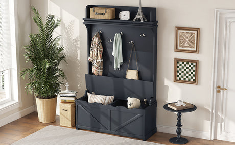Hall tree with storage desk, entrance desk with drawers and 5 hooks, display rack, dark blue - V.I.P Digital Presence