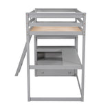 Twin Size Loft Bed with Desk and Shelves, Two Built-in Drawers, Gray