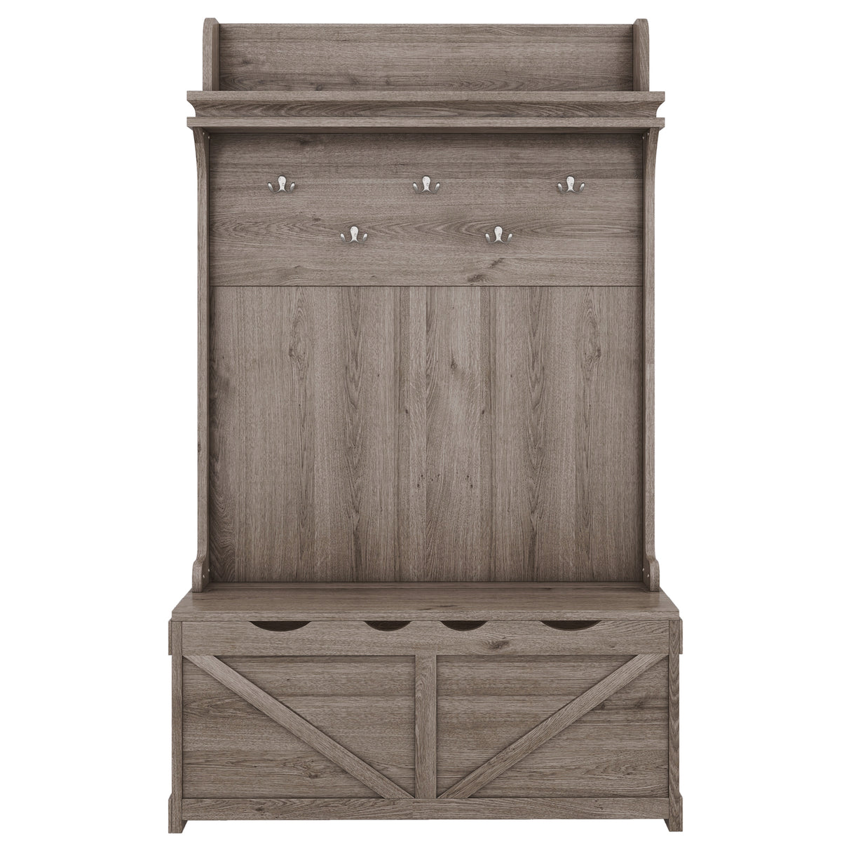 Hall tree with storage desk, entrance desk with drawers and 5 hooks, display rack,Oak - V.I.P Digital Presence