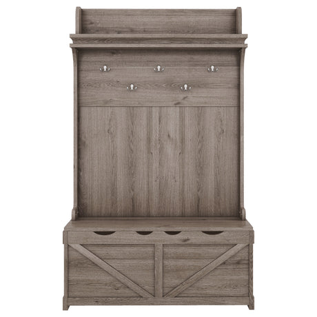 Hall tree with storage desk, entrance desk with drawers and 5 hooks, display rack,Oak - V.I.P Digital Presence