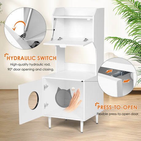 White wooden hidden cat trash can with rack and trash can shell, indoor cat house pet box, storage cabinet - V.I.P Digital Presence