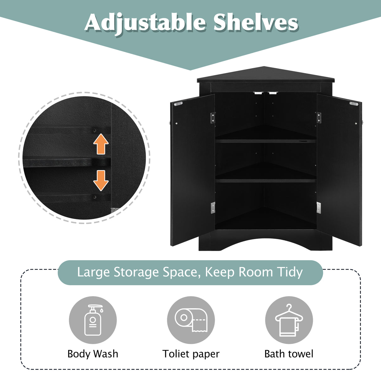 Black Triangle Bathroom Storage Cabinet with Adjustable Shelves, Freestanding Floor Cabinet for Home Kitchen - V.I.P Digital Presence