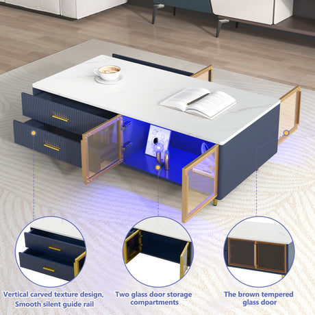 Modern Navy Blue Coffee Table with 2 Glass Door Storage, 4 Drawers, Gold Metal Legs, and Multi-Color Lighting in 47.2'' - V.I.P Digital Presence