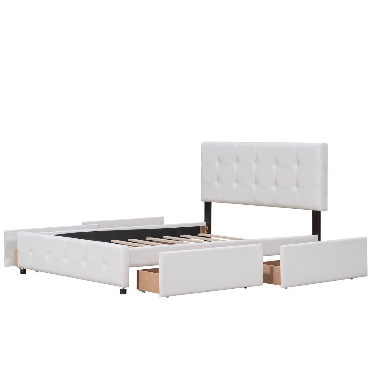 Upholstered Platform Bed with Classic Headboard and 4 Drawers No Box Spring Needed Linen Fabric Queen Size White - V.I.P Digital Presence