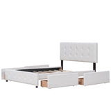 Upholstered Platform Bed with Classic Headboard and 4 Drawers No Box Spring Needed Linen Fabric Queen Size White - V.I.P Digital Presence