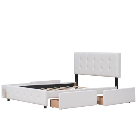 Upholstered Platform Bed with Classic Headboard and 4 Drawers No Box Spring Needed Linen Fabric Queen Size White - V.I.P Digital Presence