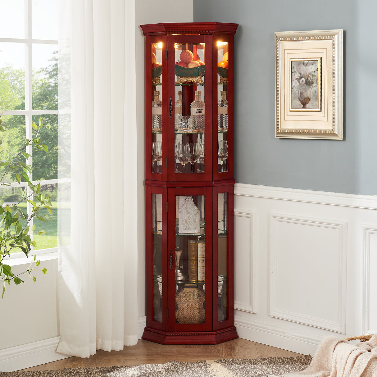 Corner Curio cabinet with illuminated glass display stand and tempered glass door, with adjustable bracket and light bulb - V.I.P Digital Presence