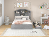 Full Size Wood Platform Bed with House-shaped Storage Headboard and 2 Drawers Gray
