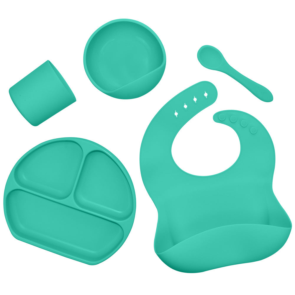 Juego de vajilla de silicona para niños, vajilla de alimentación complementaria para bebés, con bolsillo para saliva, ventosa, tazón, cuchara, plato de cena, babero, juego de 5 piezas