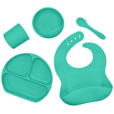 Juego de vajilla de silicona para niños, vajilla de alimentación complementaria para bebés, con bolsillo para saliva, ventosa, tazón, cuchara, plato de cena, babero, juego de 5 piezas