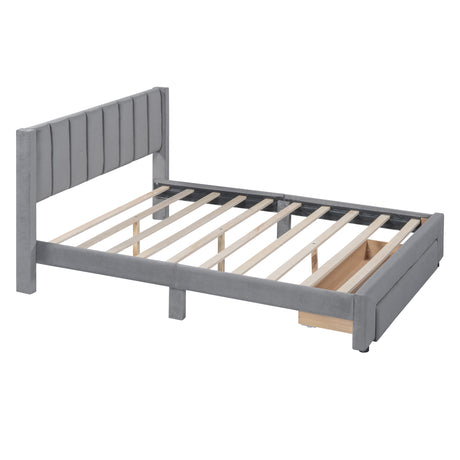 Full Size Storage Bed Velvet Upholstered Platform Bed with a Big Drawer - Gray - V.I.P Digital Presence