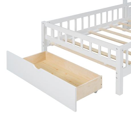 Twin Size House Bed with Upholstered Sofa, House Bed with Charging Station, Wireless Charging, Shelves and Two Drawers, White - V.I.P Digital Presence