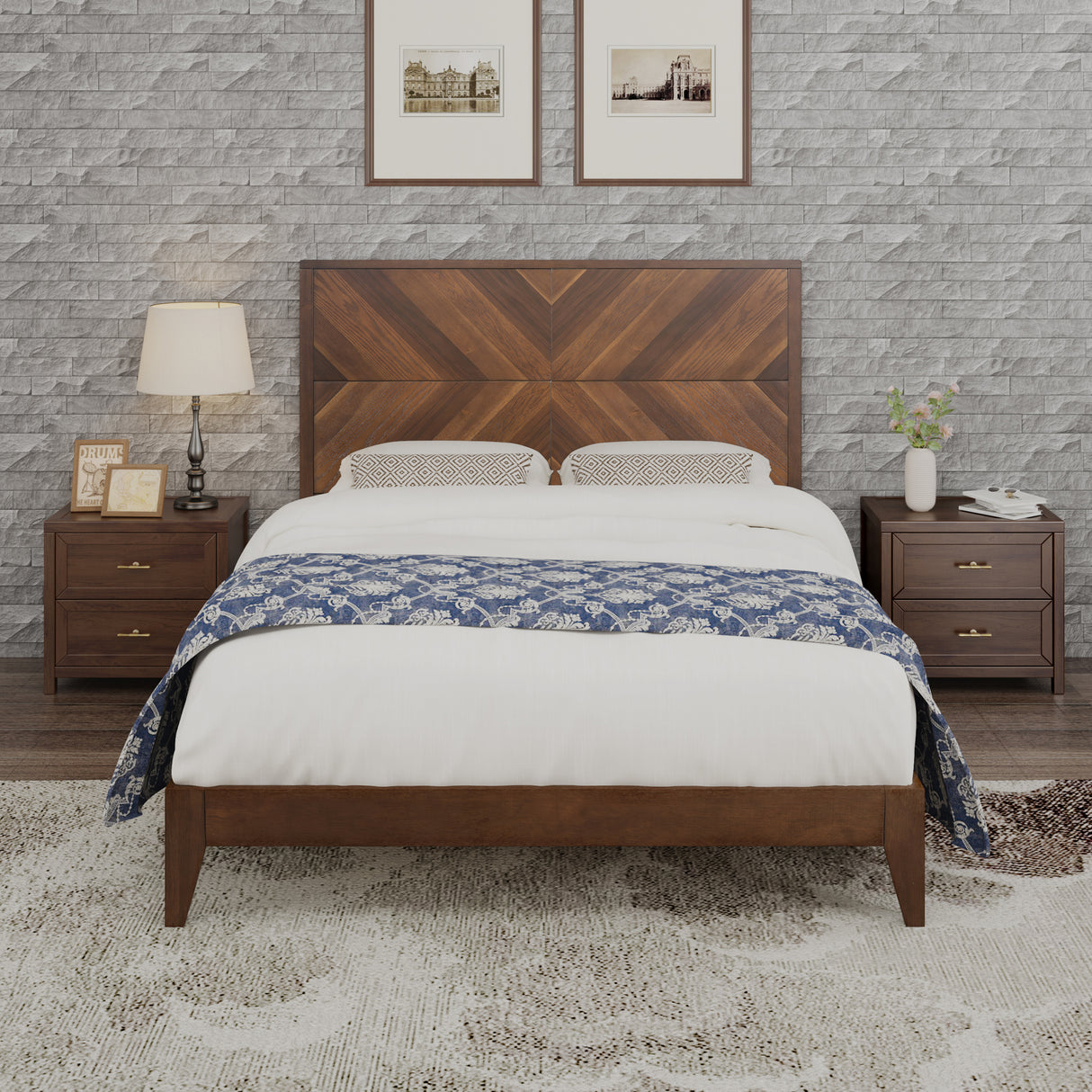 Mid-Century Modern Platform Bed Wood Slat Support with No Box Spring Needed,Queen, Walnut - V.I.P Digital Presence