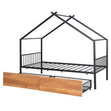 Twin Size Metal House Bed with Two Drawers, Black - V.I.P Digital Presence