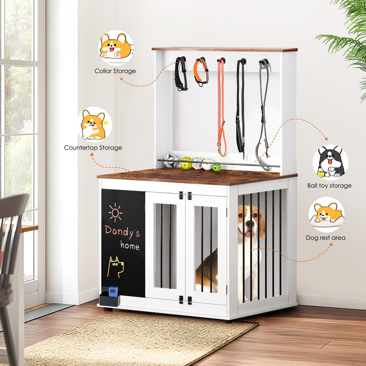 Dog crate,Graffiti dog cage, kennel with double doors, crate interior furniture, heavy wooden dog cage, large dog, white - V.I.P Digital Presence