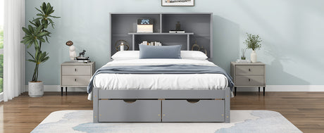 Full Size Platform Bed with Storage Headboard and 2 Drawers, Gray - V.I.P Digital Presence
