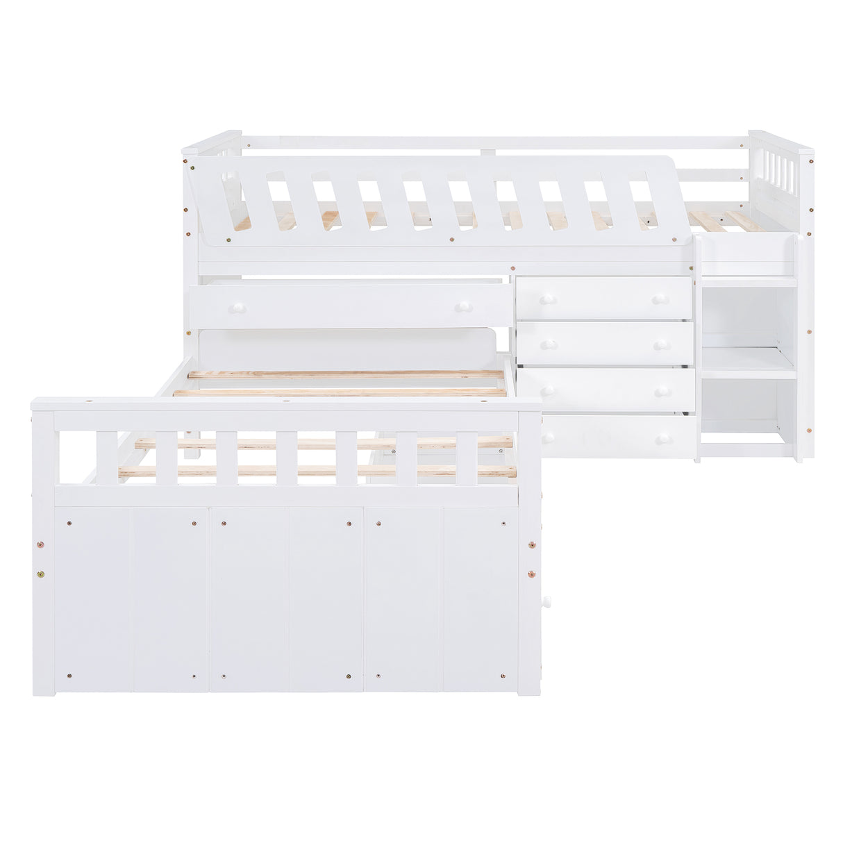 L-shaped Space-Saving Twin Loft and Twin Platform Bed with 7 Drawers and Full Guardrails(WHITE) - V.I.P Digital Presence