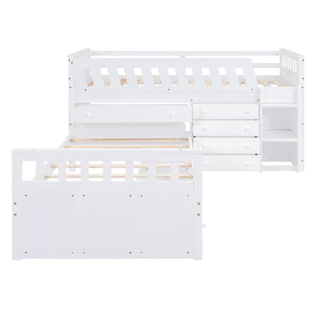 L-shaped Space-Saving Twin Loft and Twin Platform Bed with 7 Drawers and Full Guardrails(WHITE) - V.I.P Digital Presence