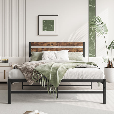 Full Size Platform Bed Frame with Rustic Vintage Wood Headboard Rustic Brown - V.I.P Digital Presence