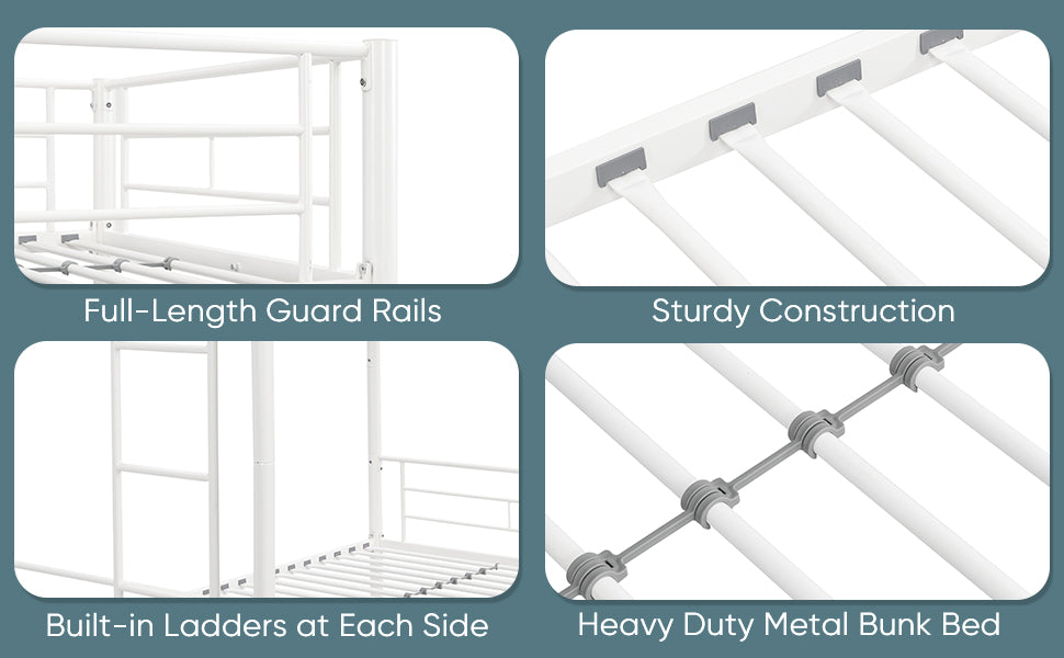 Twin metal bunk beds, metal structure bed frame with safety guardrails and 2 ladders, convertible bunk beds, white - V.I.P Digital Presence