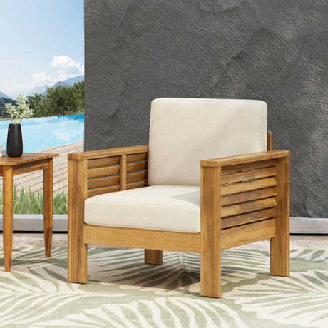 Outdoor Acacia Wood Club Chairs with Cushions, Teak+Beige, 27.75"D x 32"W x 27.75"H - V.I.P Digital Presence