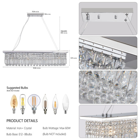 Modern Crystal Chandelier for Dining Room 8-Light White Rectangle Raindrop L39.4'' x W9.8'' x H8.7'(Bulb Not Included) - V.I.P Digital Presence