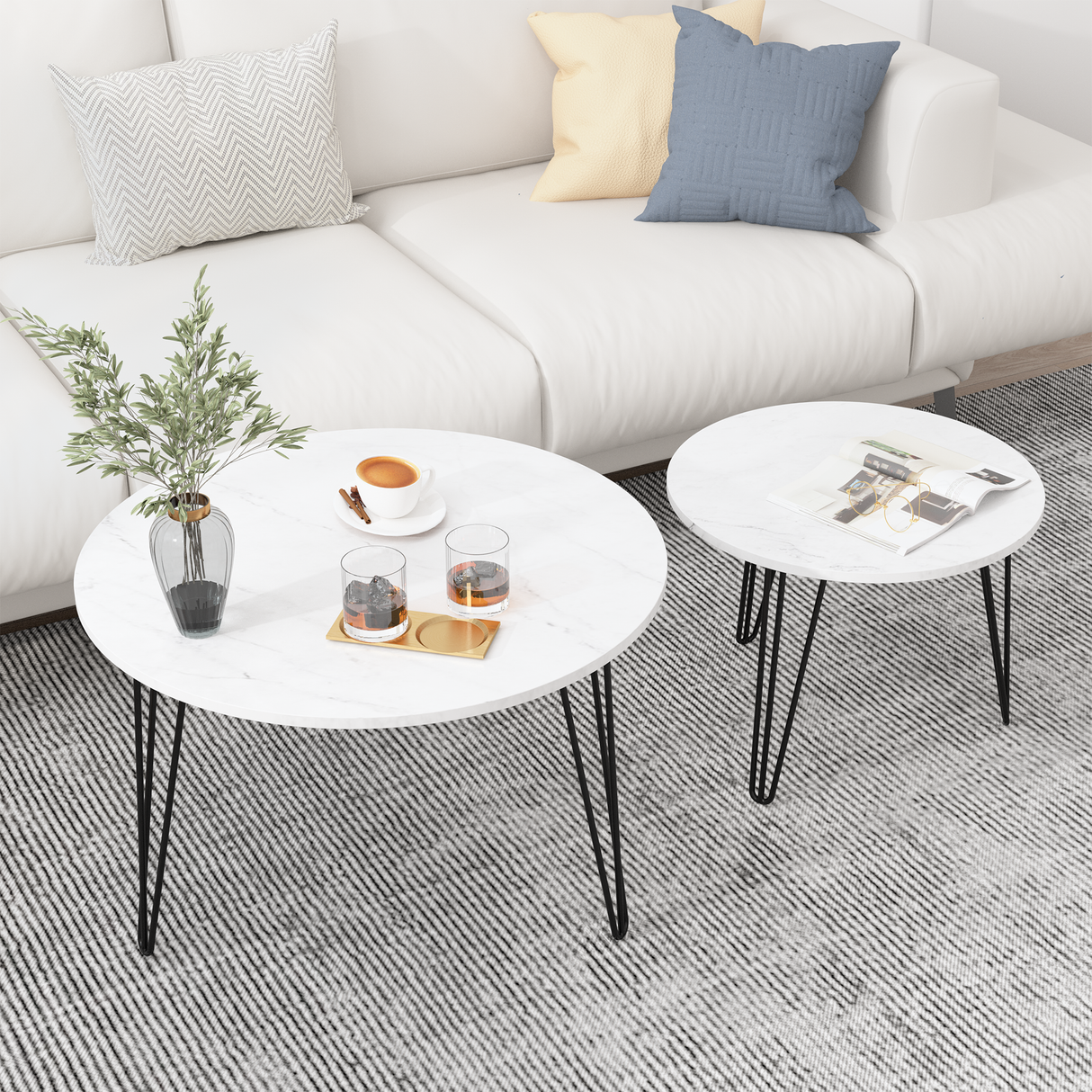 27.56'' Round Nesting Coffee Table Set of 2, Circular Nesting End Table Set Sturdy Metal Base for Living Room, bedroom, White - V.I.P Digital Presence