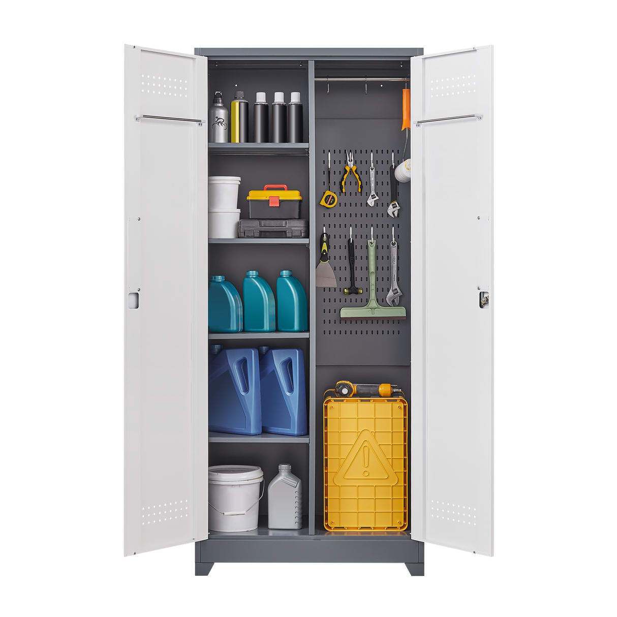 Metal storage cabinets, lockable cleaning tool cabinets, high broom tool organizers, and large storage cabinets in storage store - V.I.P Digital Presence