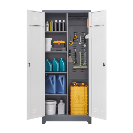 Metal storage cabinets, lockable cleaning tool cabinets, high broom tool organizers, and large storage cabinets in storage store - V.I.P Digital Presence
